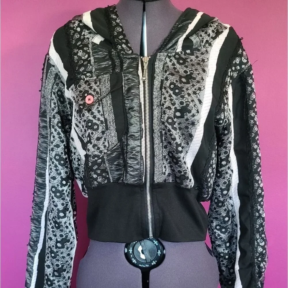 OOAK Pink & Black Lace Lolita crop Hoodie Jacket - Picture 1 of 12